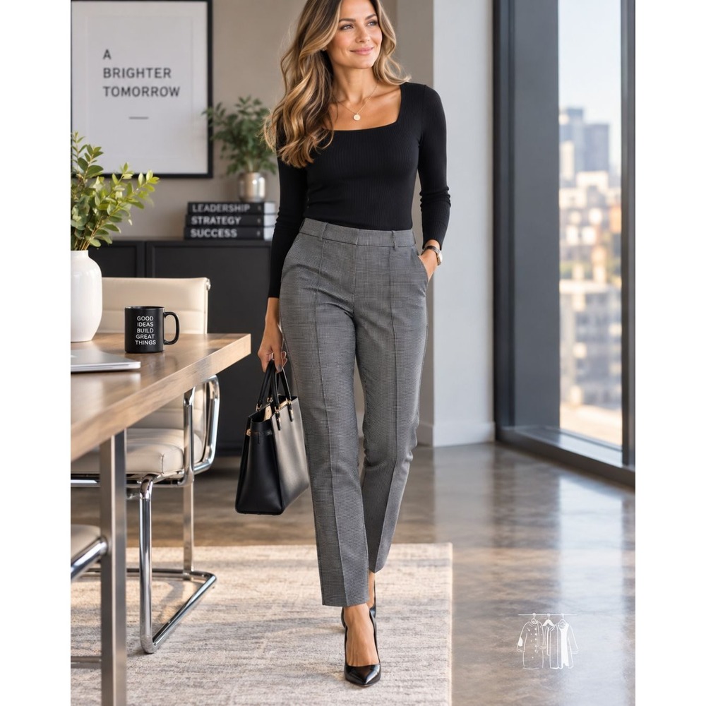 Hilary Radley Pull-On Pant Womens Large Black Gray NWOT Tummy Houndstooth (L)